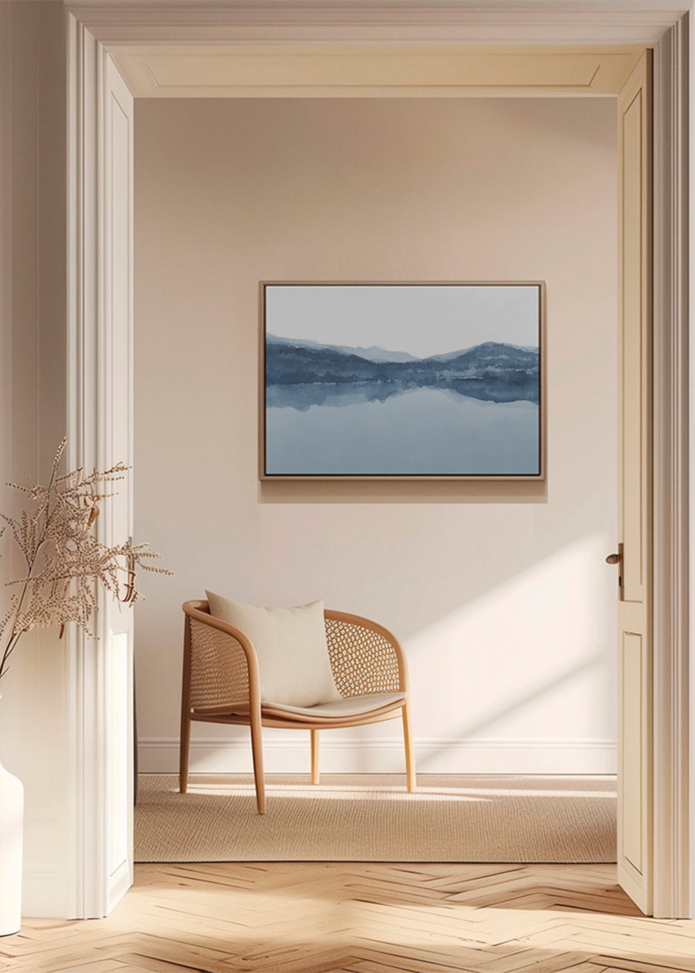 Quadro aquarela paisagem lago e montanhas