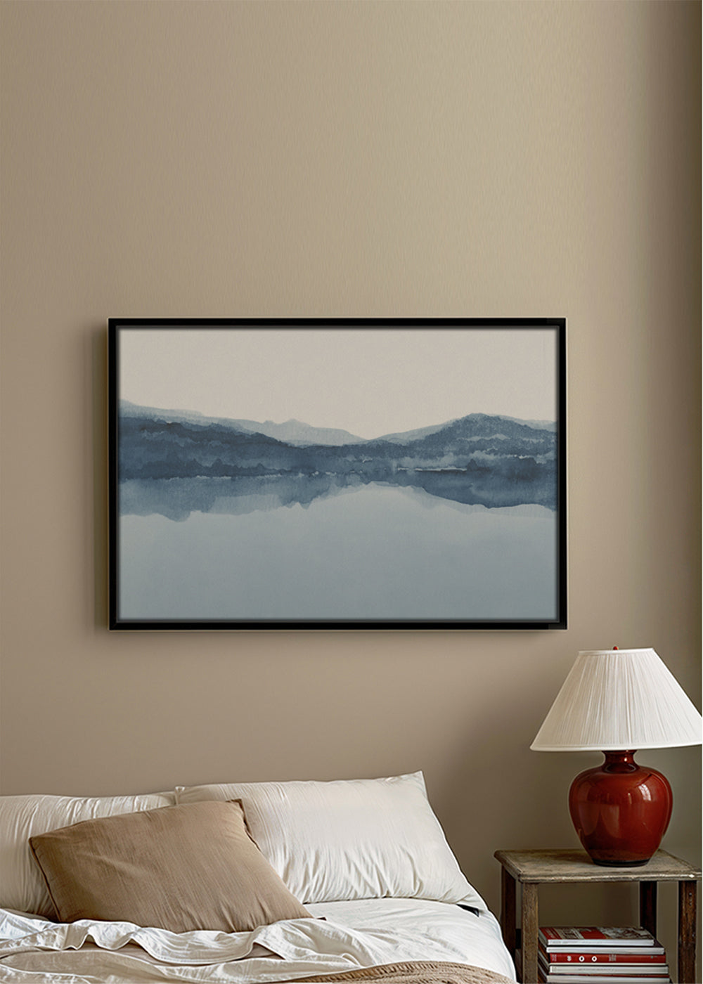 Quadro aquarela paisagem lago e montanhas