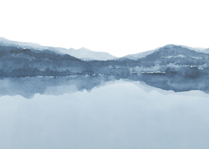 Quadro aquarela paisagem lago e montanhas