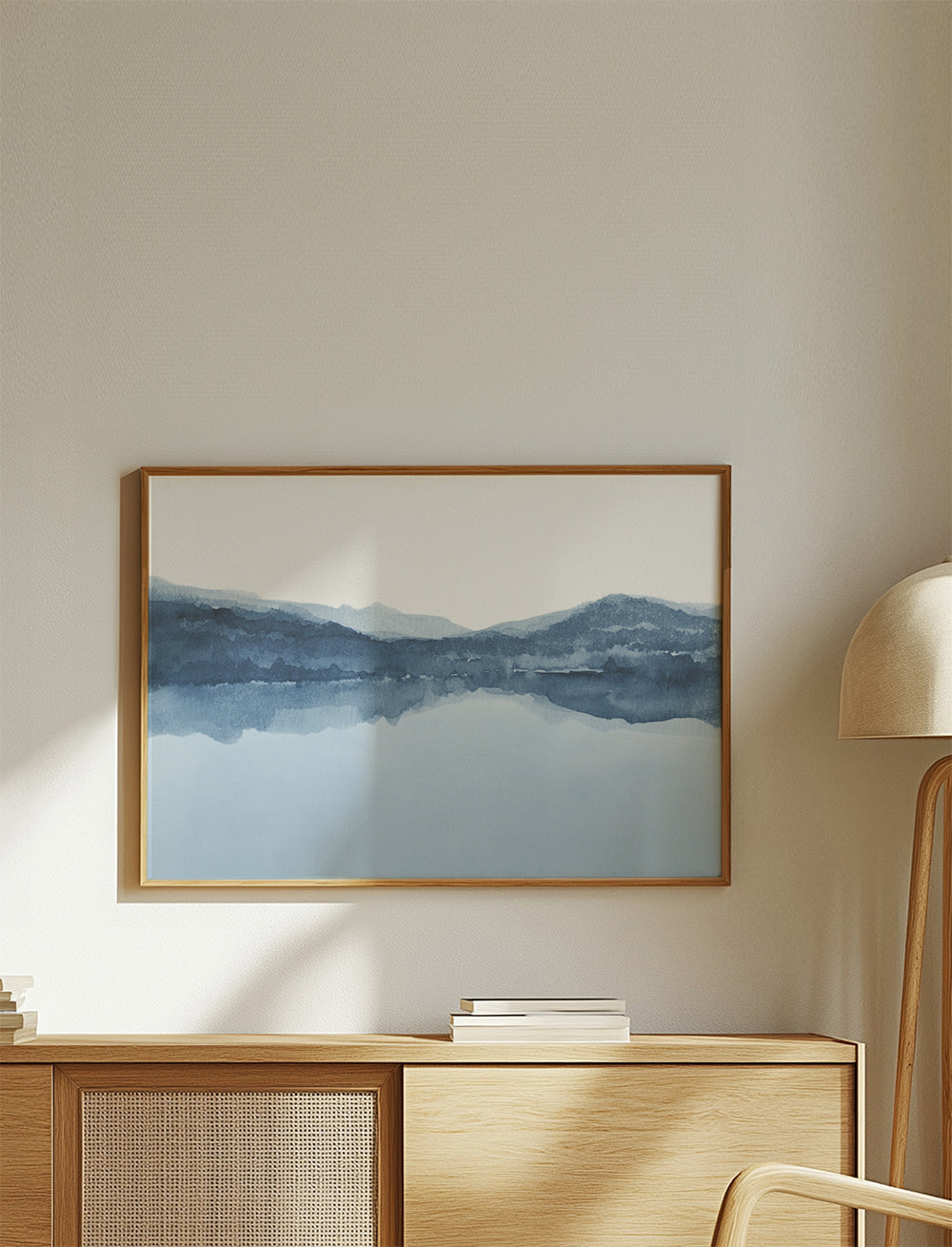 Quadro aquarela paisagem lago e montanhas