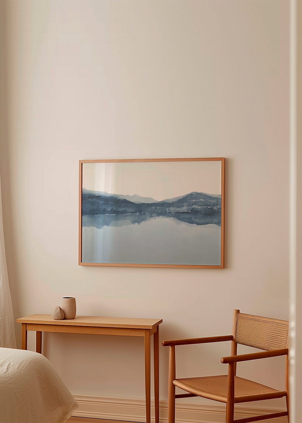 Quadro aquarela paisagem lago e montanhas
