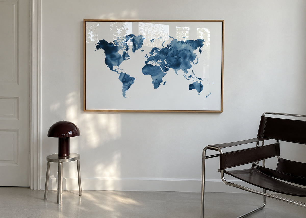 Indigo Blue World Map - Framed poster in an interior