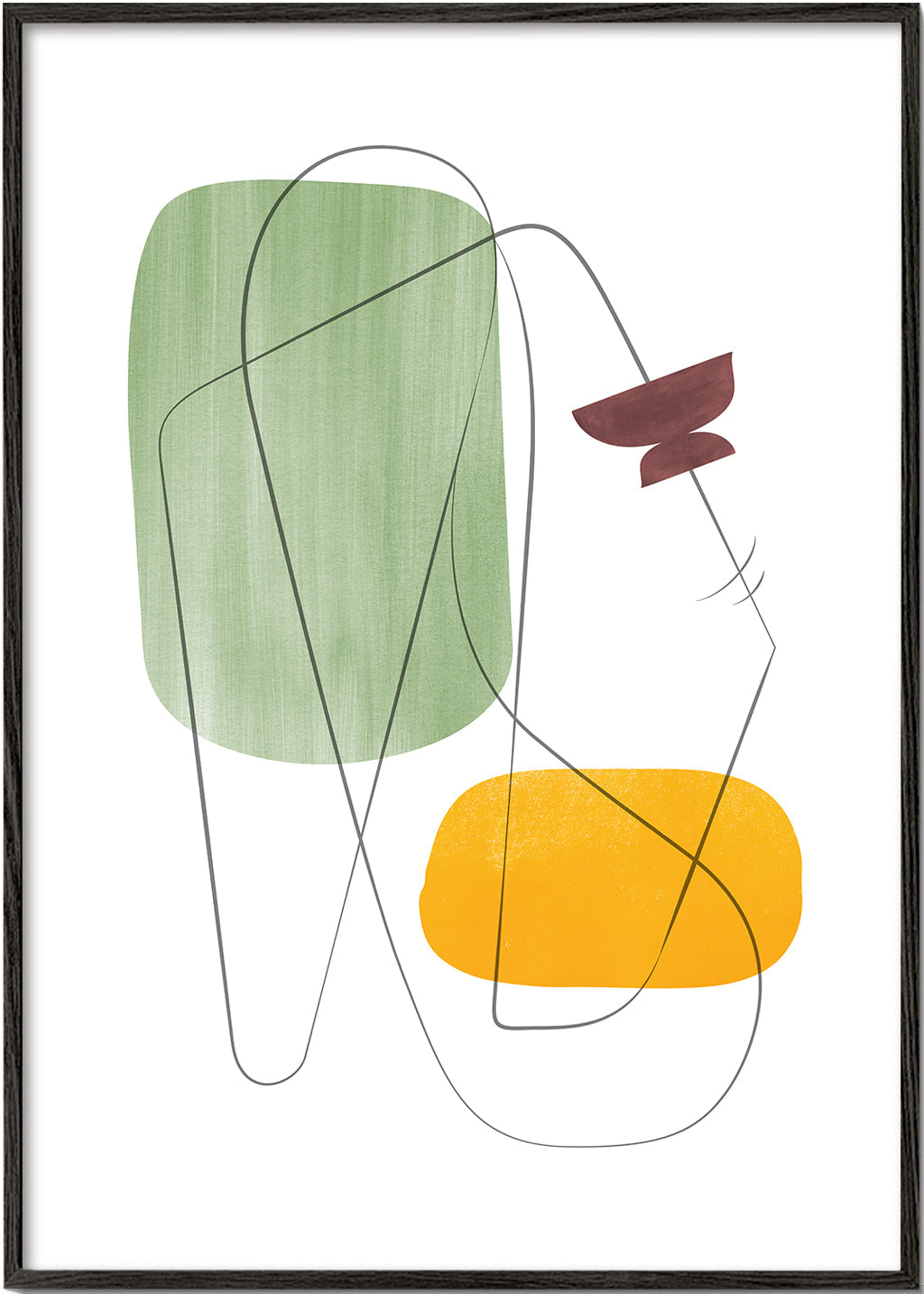 Quadro abstrato com perfil linear e manchas de cor