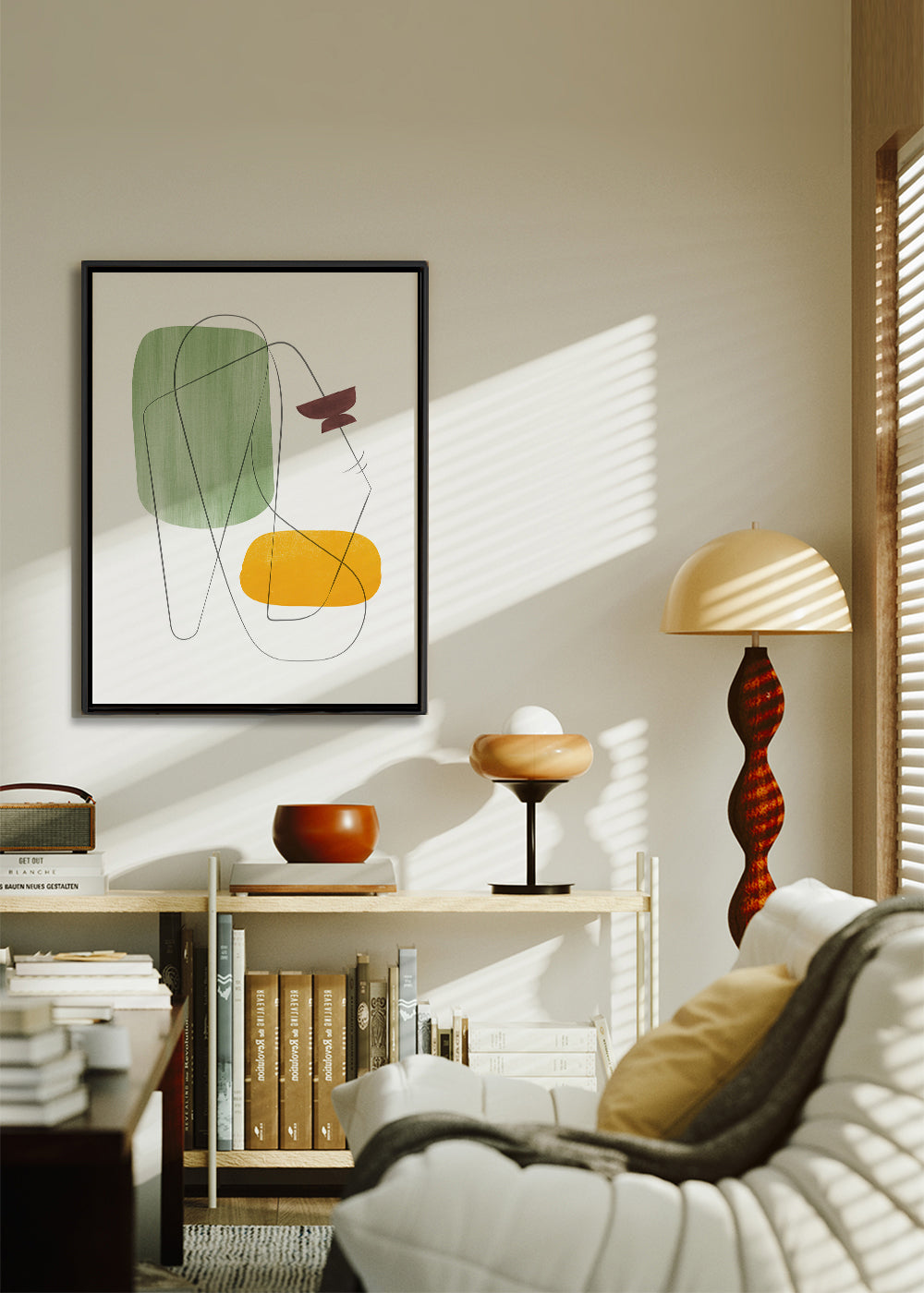 Quadro abstrato com perfil linear e manchas de cor