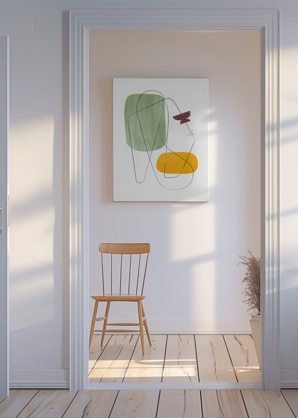 Quadro abstrato com perfil linear e manchas de cor