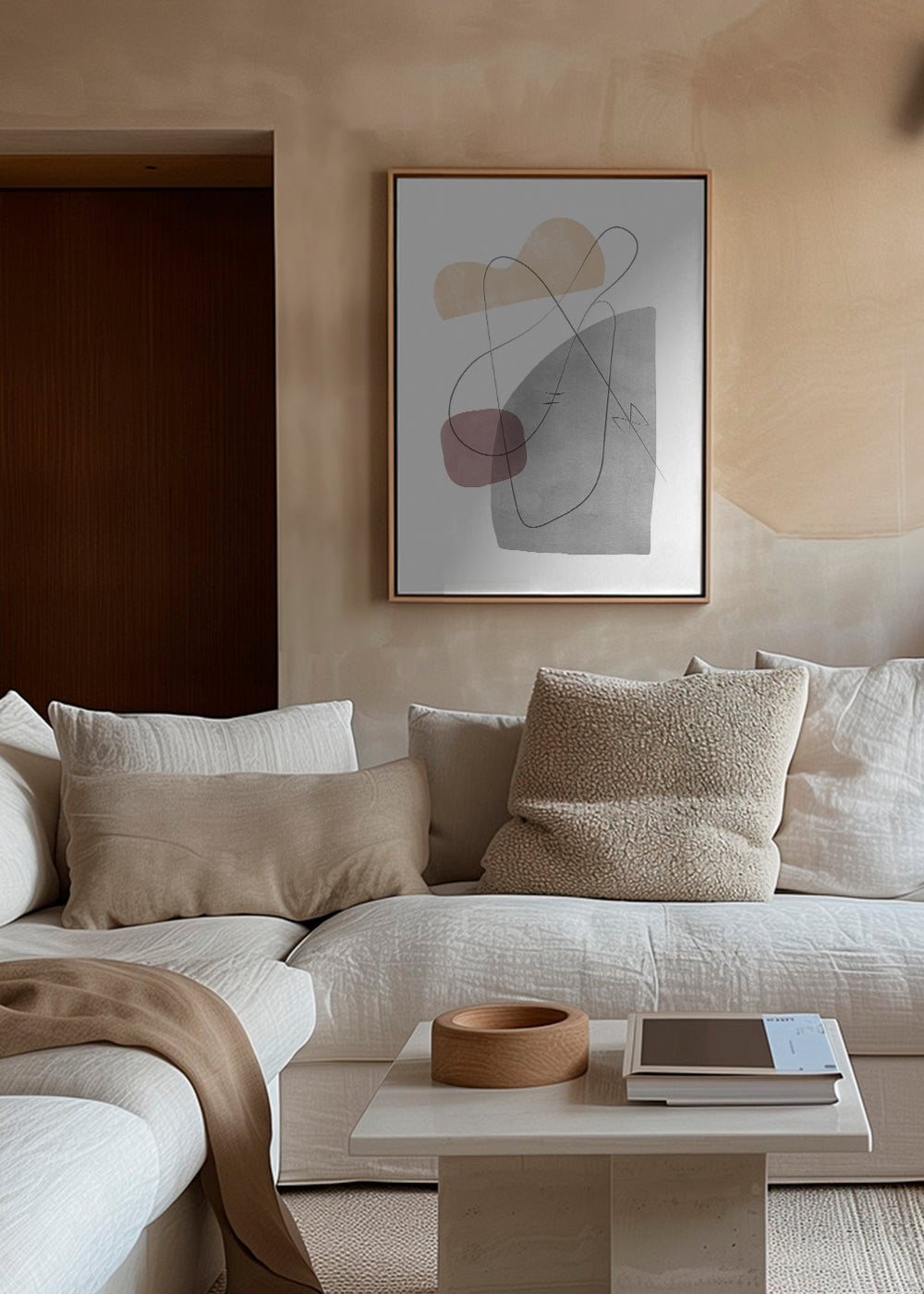 Obra abstrata com linhas gestuais e formas suaves
