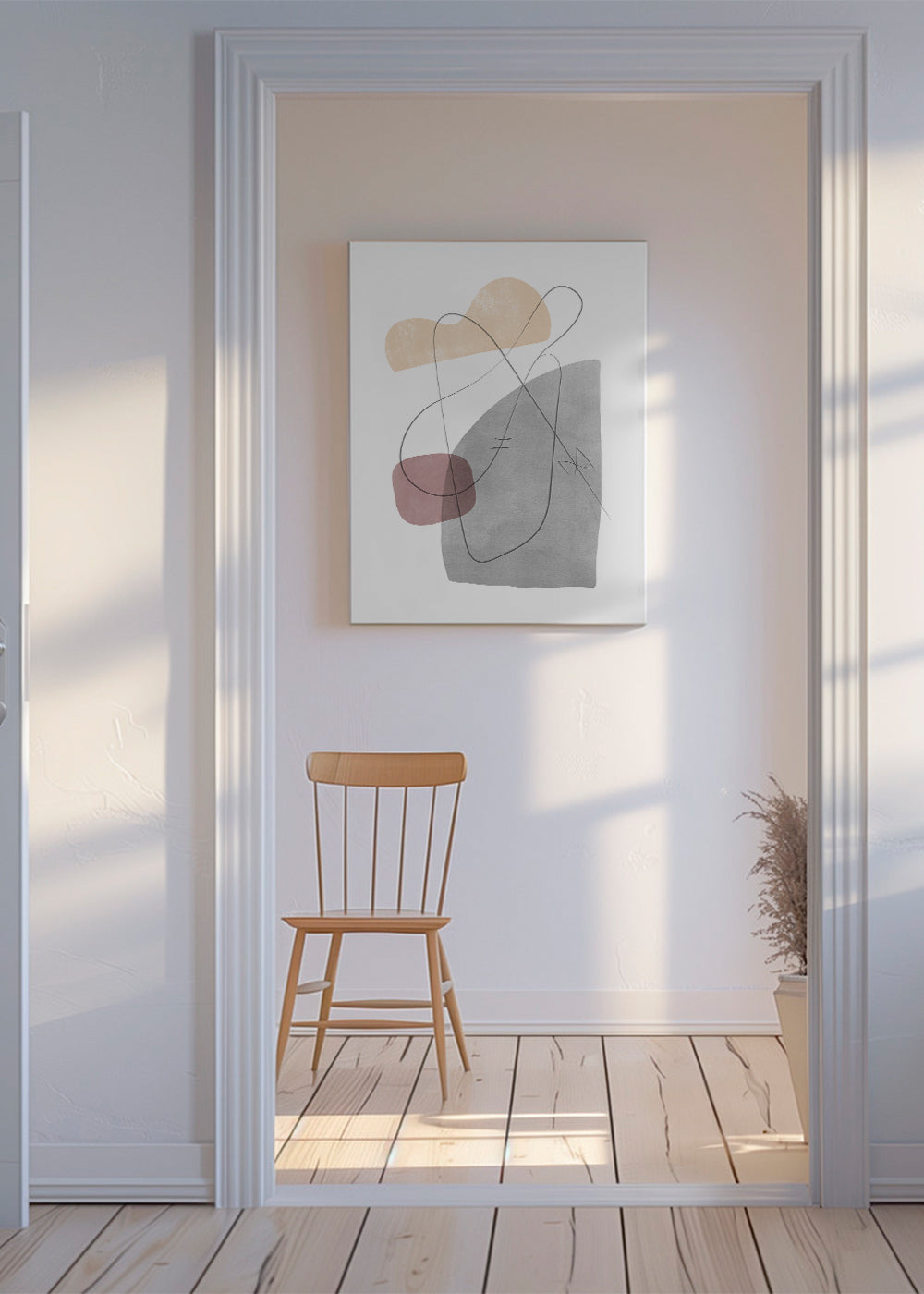 Obra abstrata com linhas gestuais e formas suaves