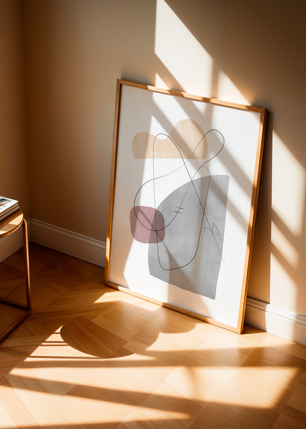 Obra abstrata com linhas gestuais e formas suaves