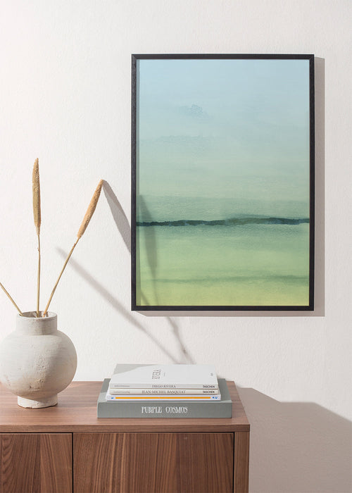 Quadro paisagem em aquarela com horizonte suave