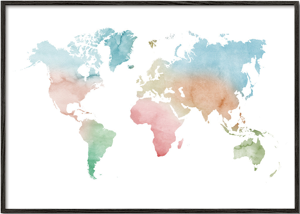 Poster de viagem: mapa-múndi aquarela pastel
