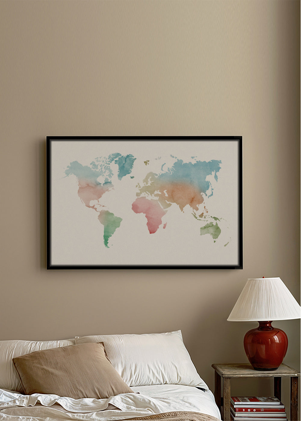 Poster de viagem: mapa-múndi aquarela pastel