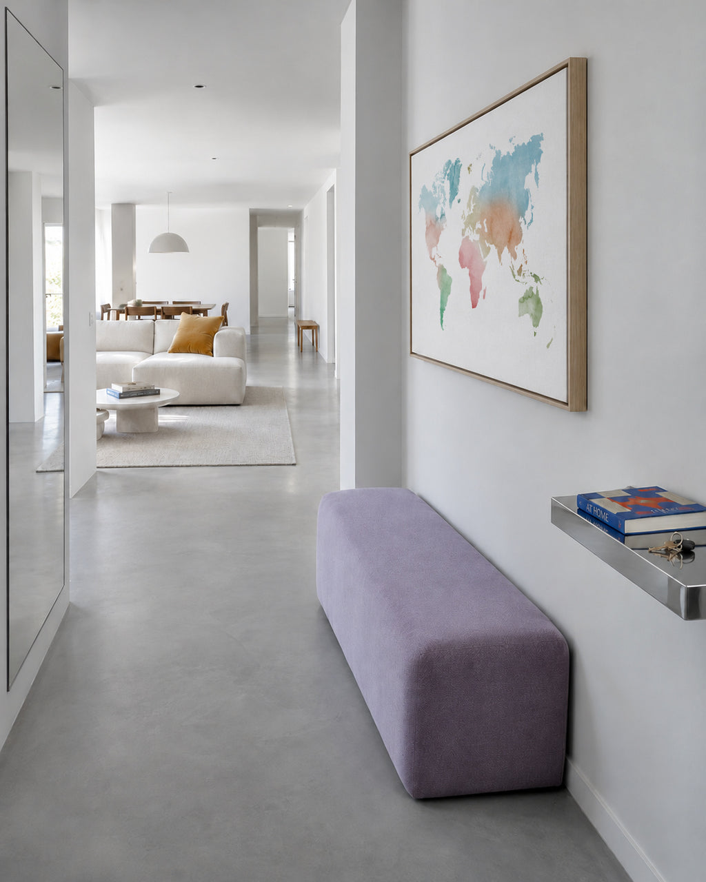 Watercolor World Map - Pastel colors - Framed canvas in an interior