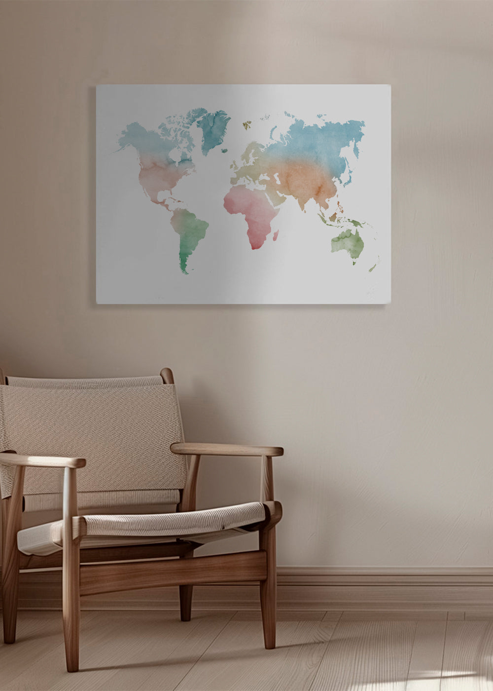Poster de viagem: mapa-múndi aquarela pastel