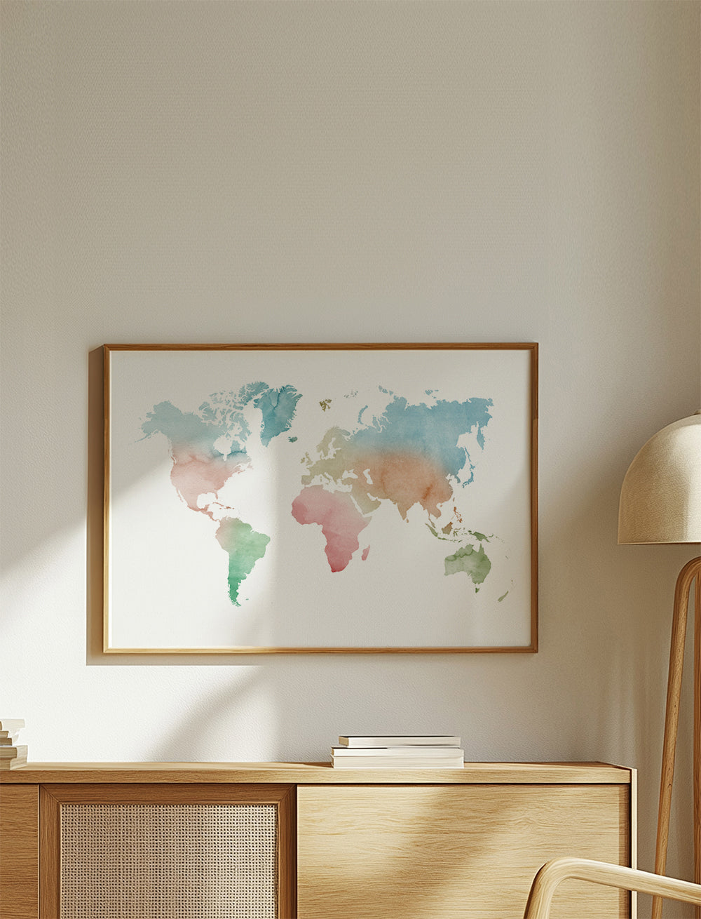 Poster de viagem: mapa-múndi aquarela pastel