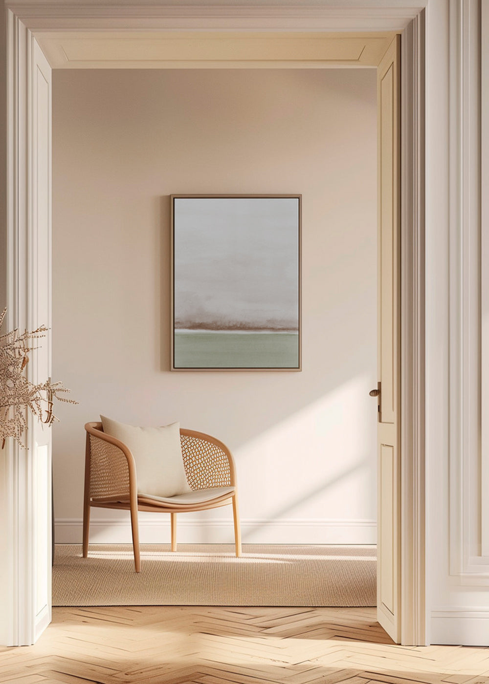 Quadro paisagem aquarela minimalista com horizonte suave