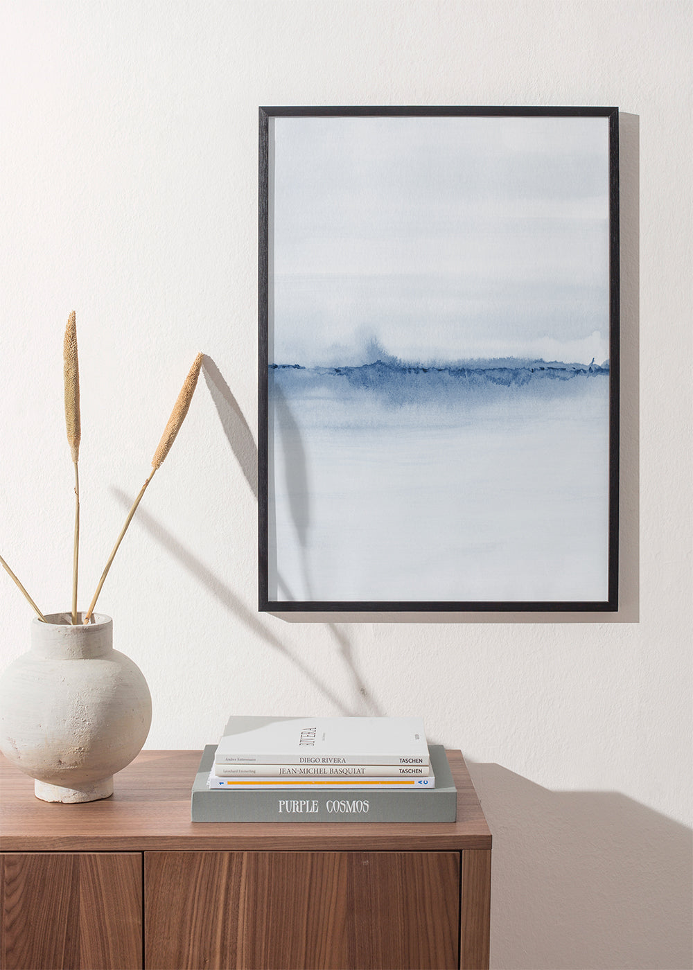 Quadro de paisagem aquarela horizonte azul