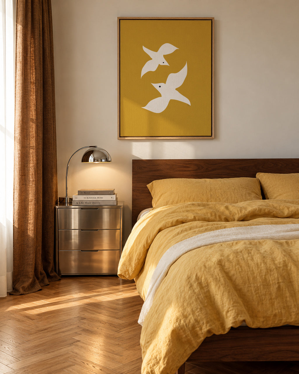 Love birds in mustard - Framed canvas in an interior