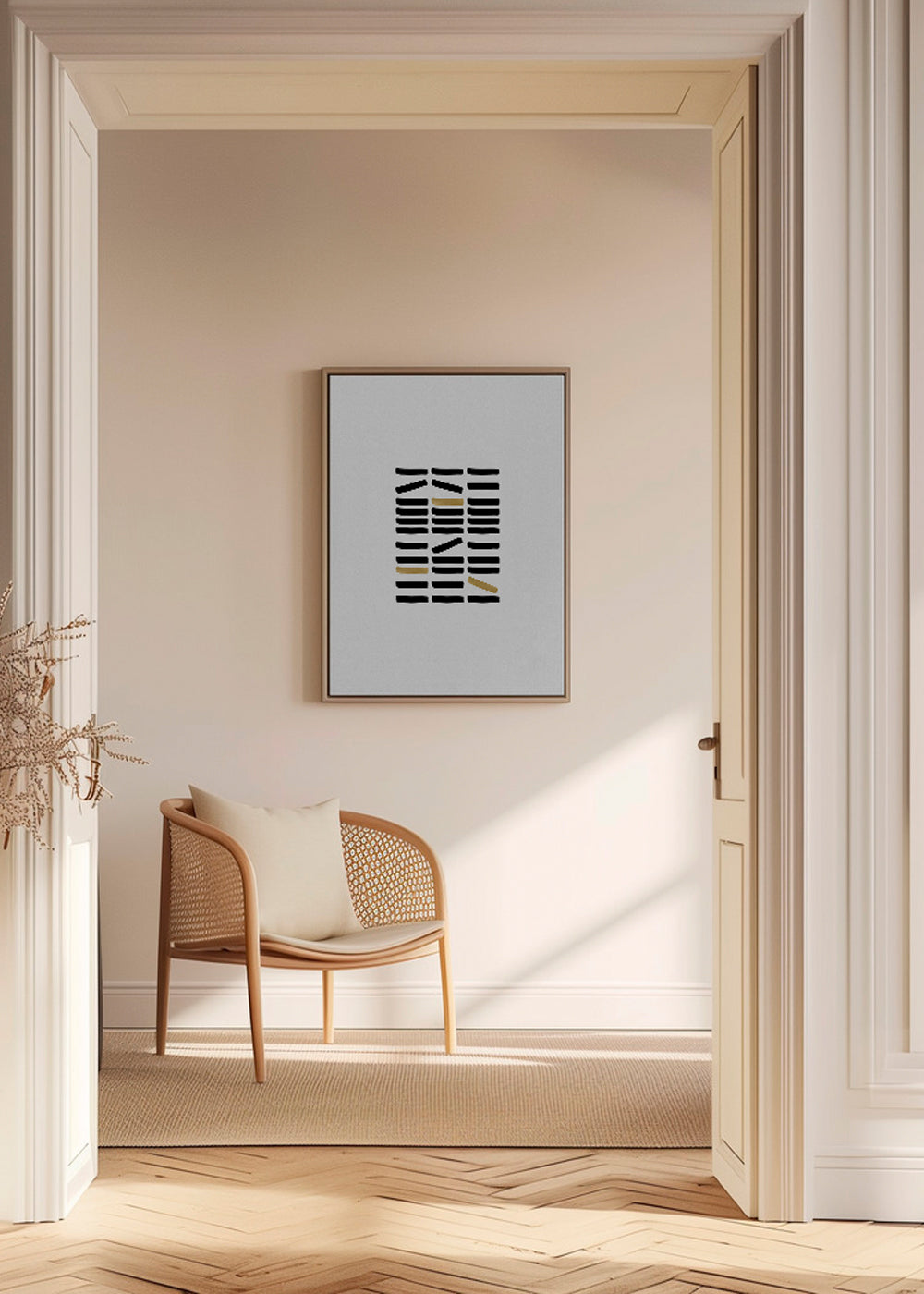 Quadro abstrato com traços pretos e toques dourados