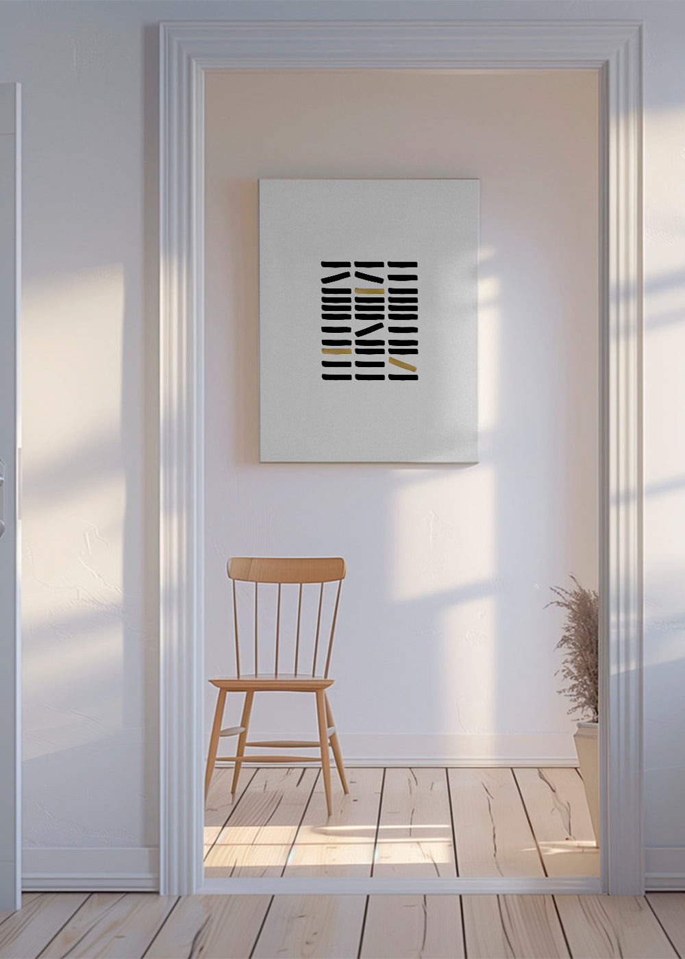 Quadro abstrato com traços pretos e toques dourados