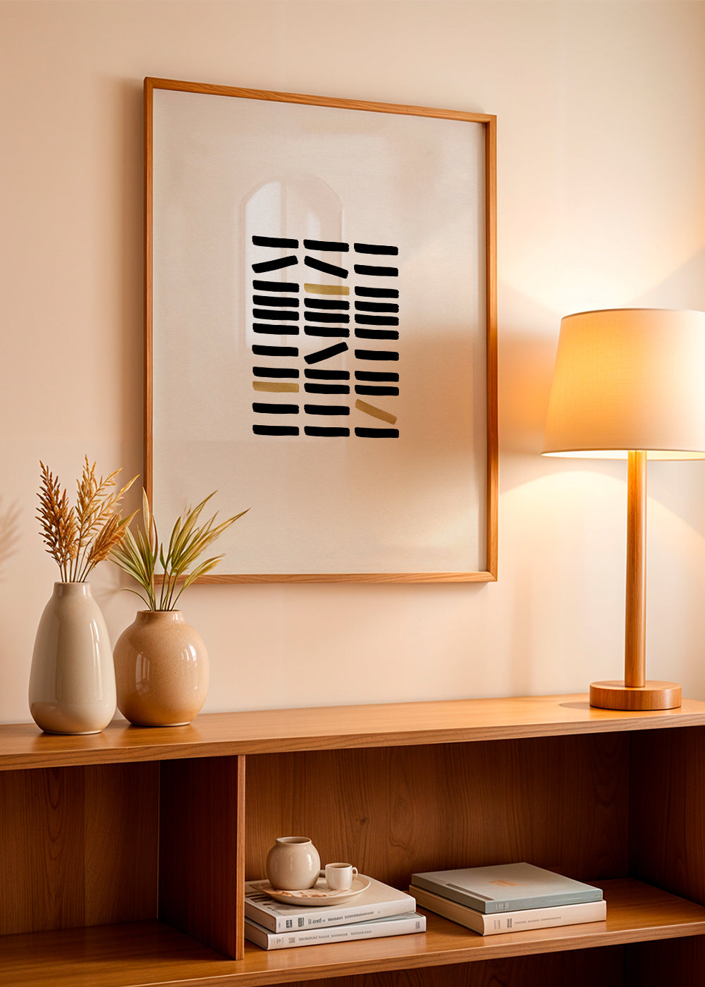 Quadro abstrato com traços pretos e toques dourados