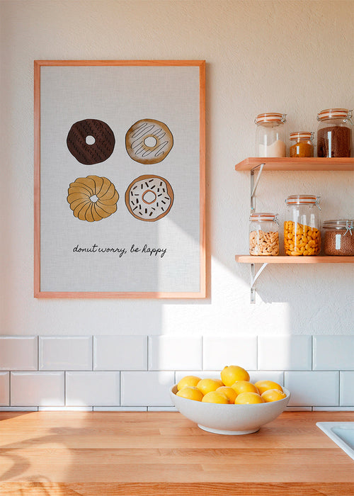 Arte para cozinha com donuts ilustrados e frase divertida