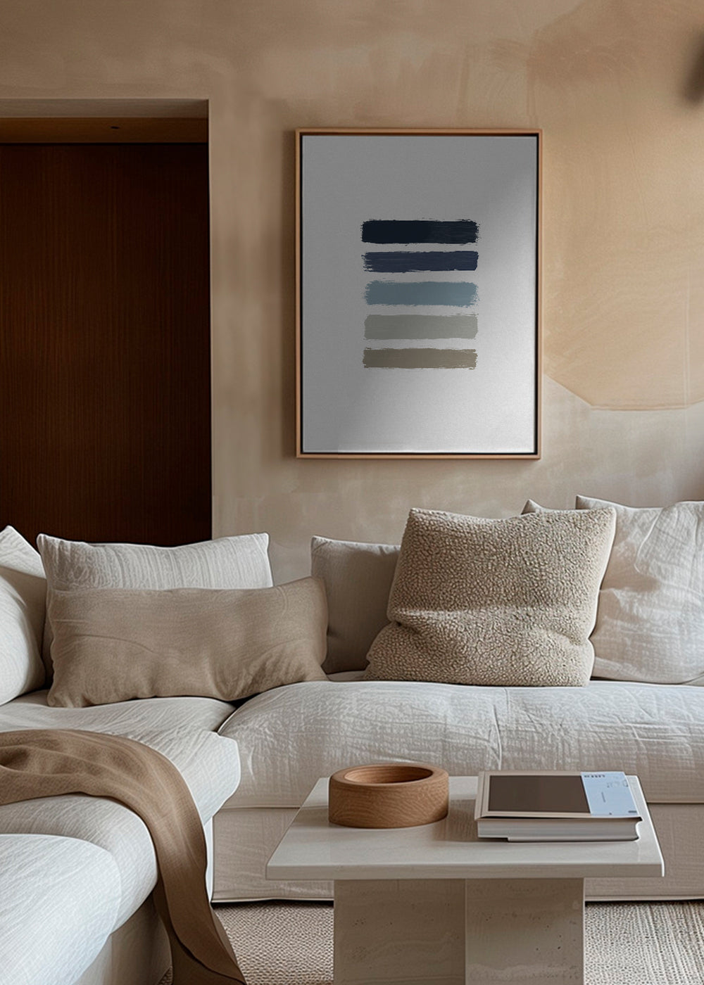 Design minimalista com riscas azuis e taupe