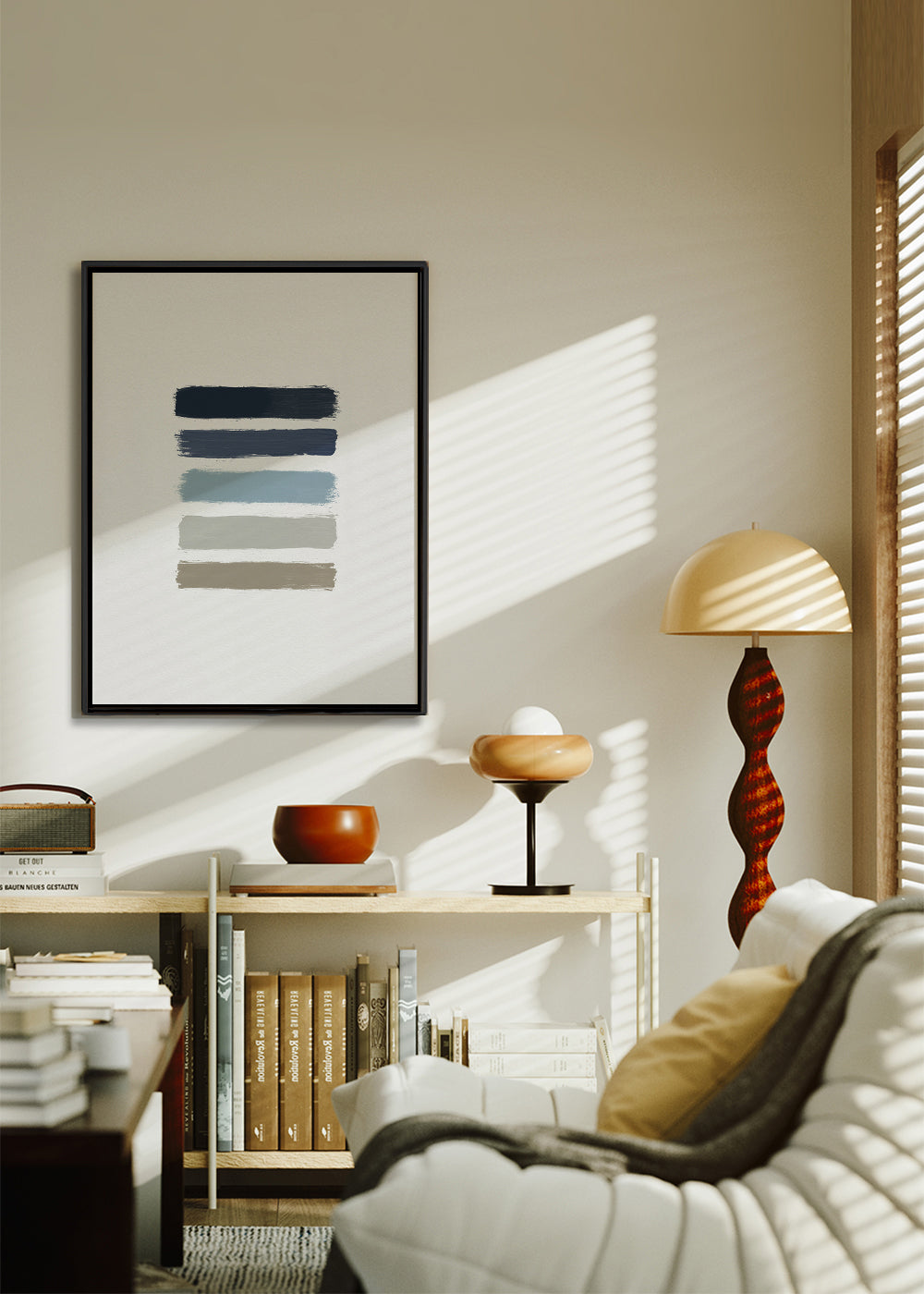 Design minimalista com riscas azuis e taupe