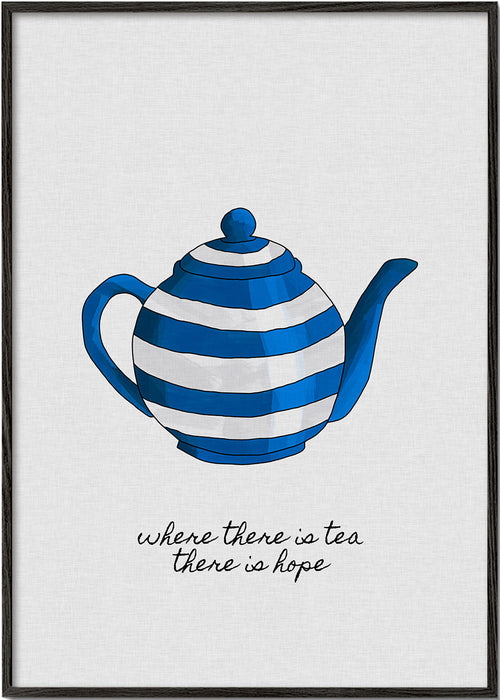 Arte para cozinha: bule listrado azul com frase