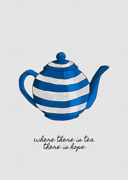 Arte para cozinha: bule listrado azul com frase