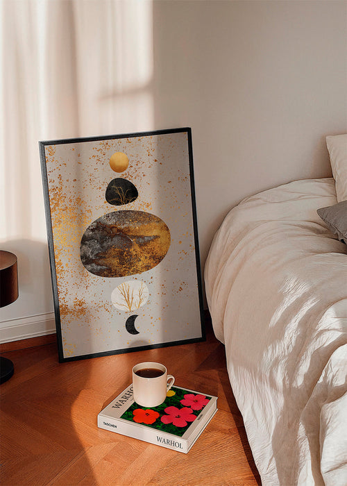 Quadro abstrato com ouro e lua