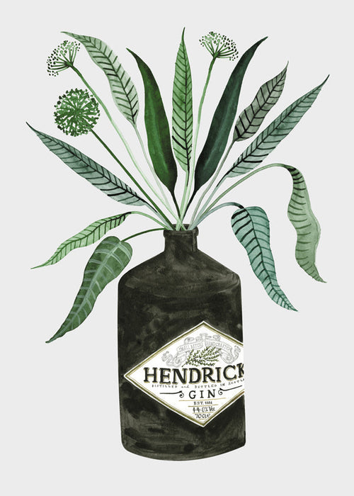 Arte para cozinha garrafa Hendrick's com folhagem
