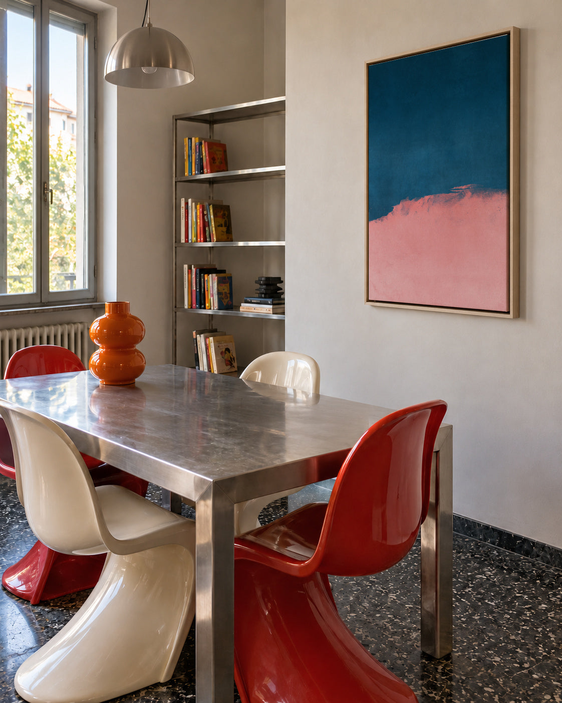 Minimal Landscape Pink and Navy Blue 01 - Framed canvas in an interior