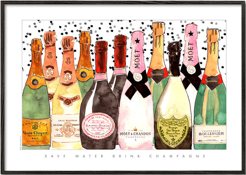 Arte para cozinha com garrafas de champanhe ilustradas