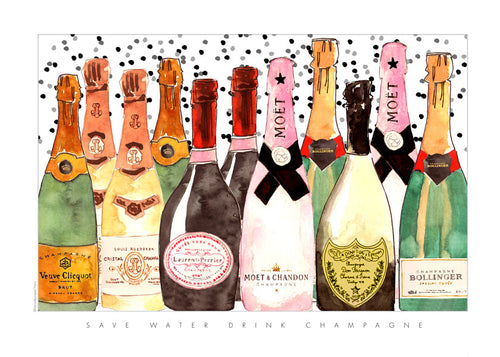 Arte para cozinha com garrafas de champanhe ilustradas