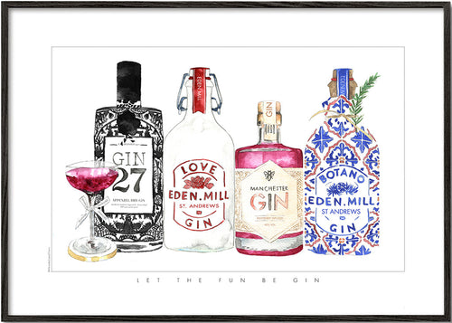 Arte para cozinha com garrafas de gin ilustradas