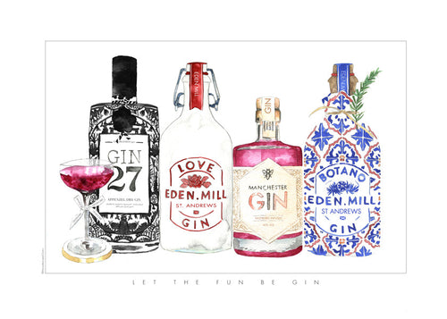Arte para cozinha com garrafas de gin ilustradas