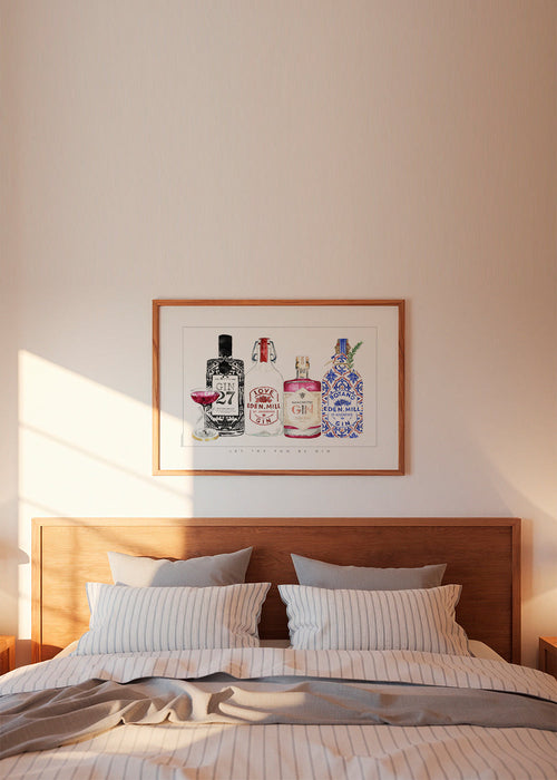 Arte para cozinha com garrafas de gin ilustradas