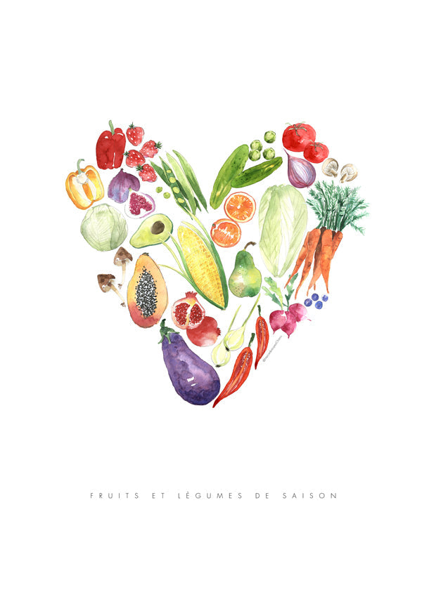 Arte para cozinha coração de verduras aquarela