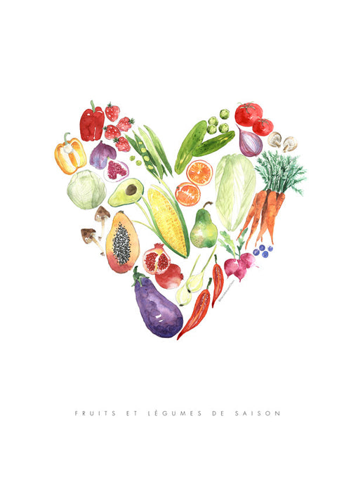 Arte para cozinha coração de verduras aquarela