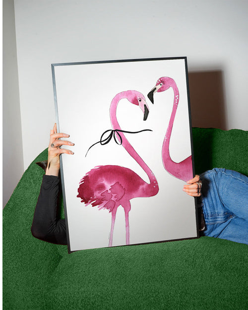 Quadro flamingos cor-de-rosa em aquarela