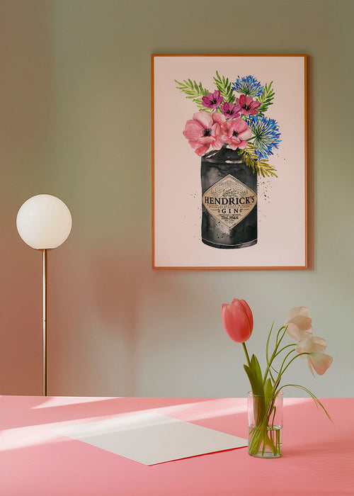 Estampa botânica com garrafa Hendrick's e flores