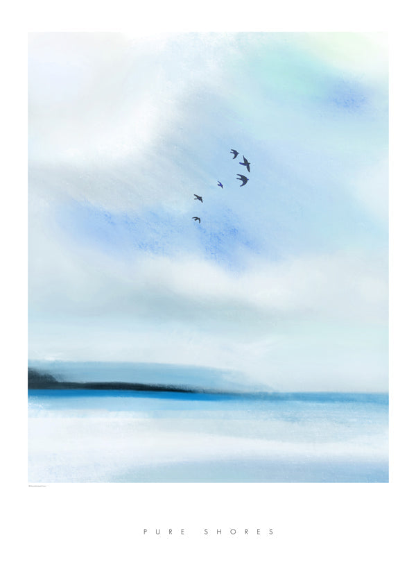 Quadro paisagem com gaivotas sobre costa serena