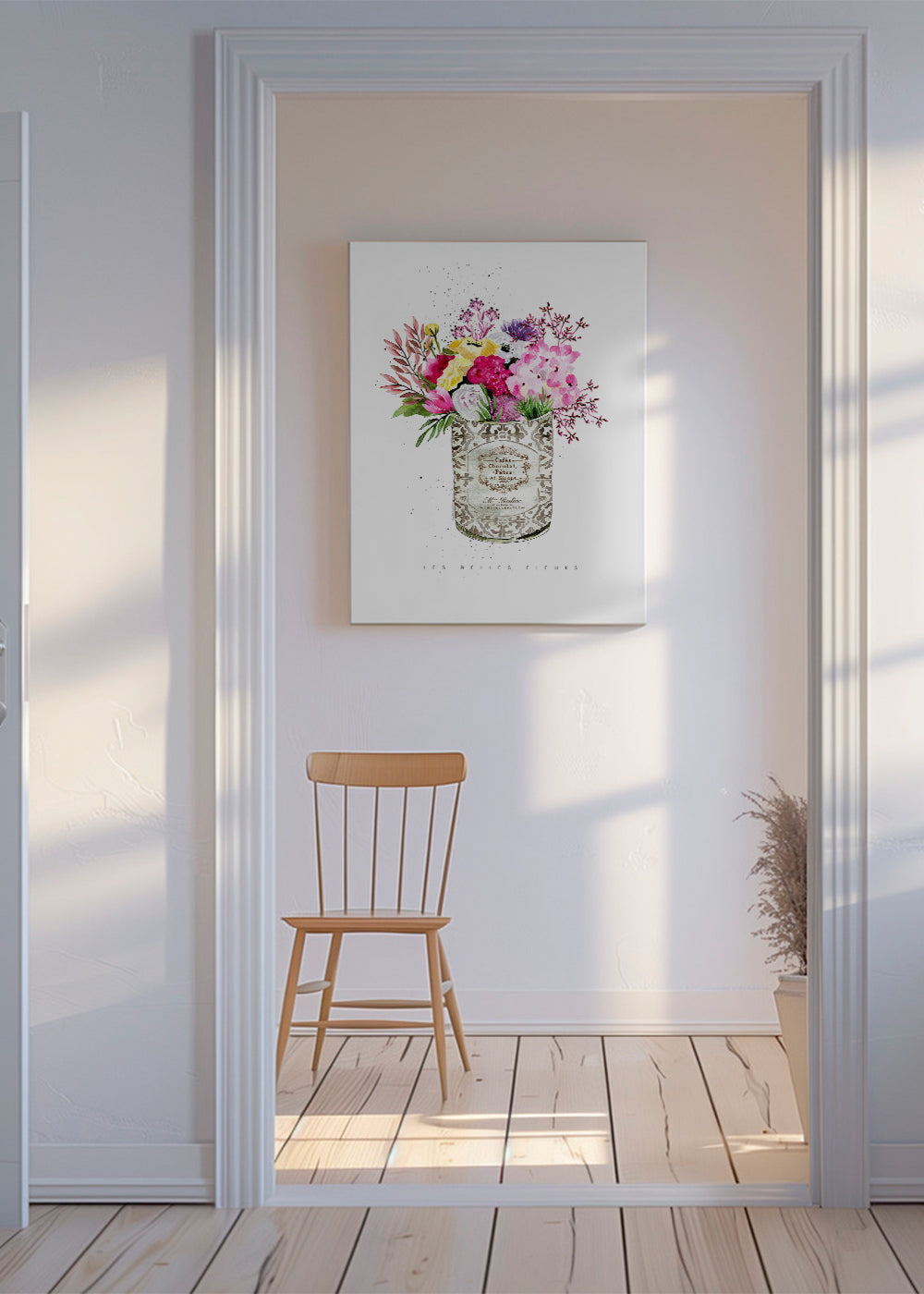 Estampa botânica em lata vintage com buquê aquarela