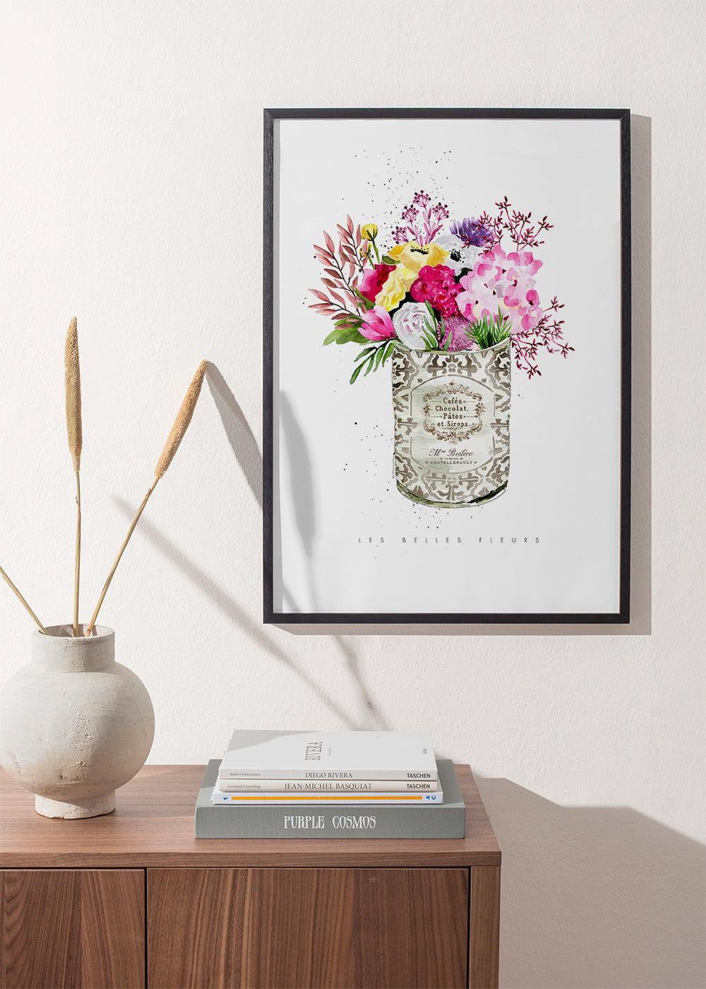Estampa botânica em lata vintage com buquê aquarela