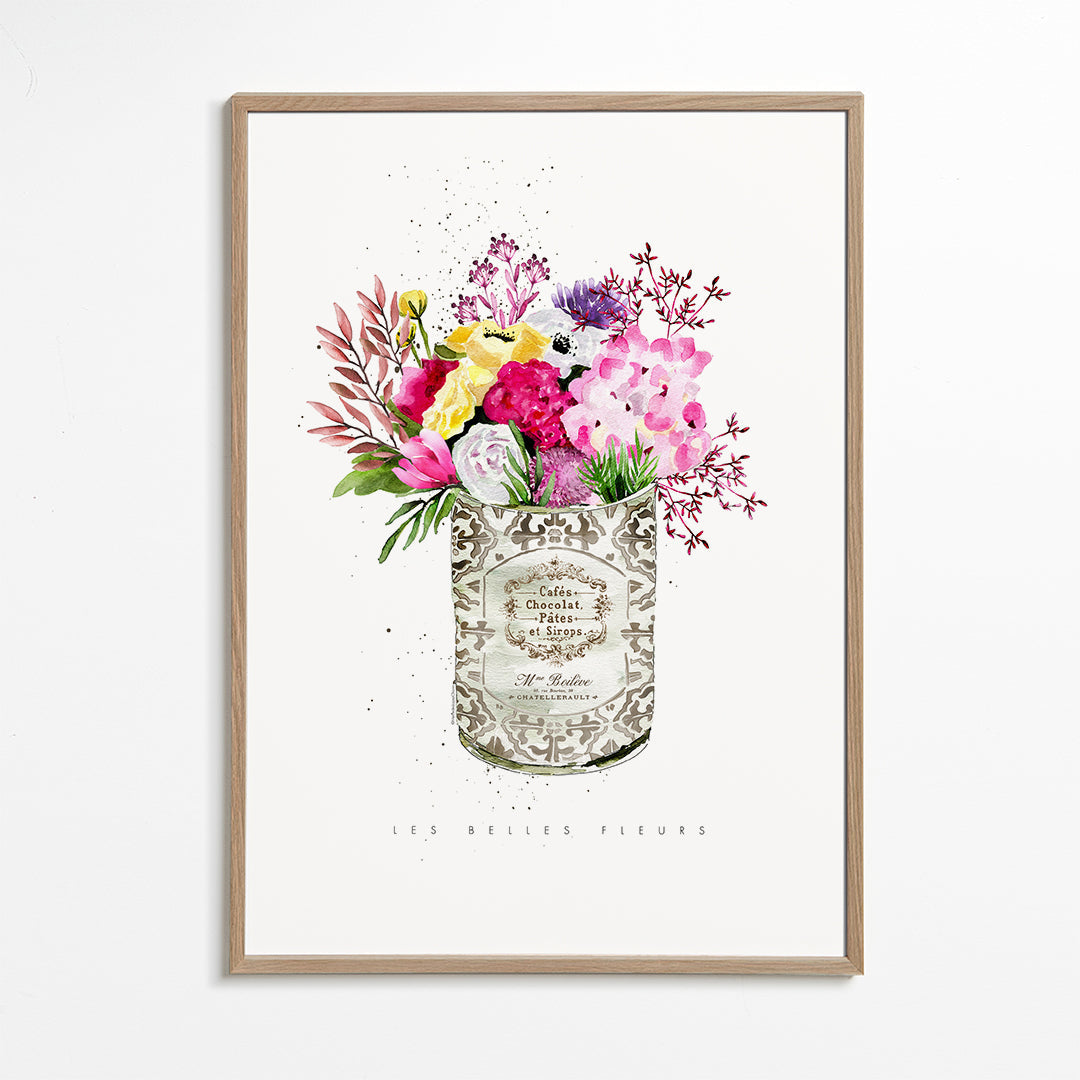 Estampa botânica em lata vintage com buquê aquarela