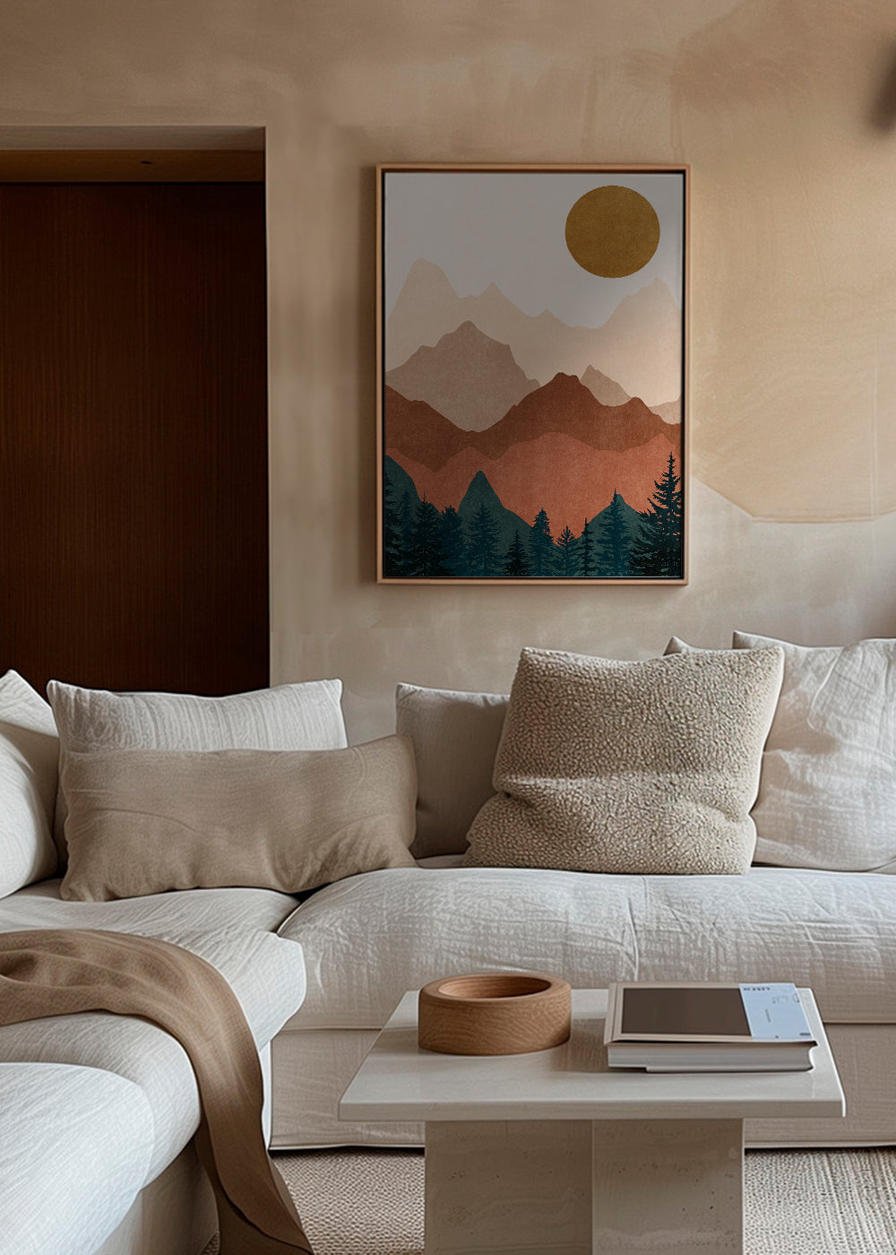 Quadro de montanha com silhuetas em camadas