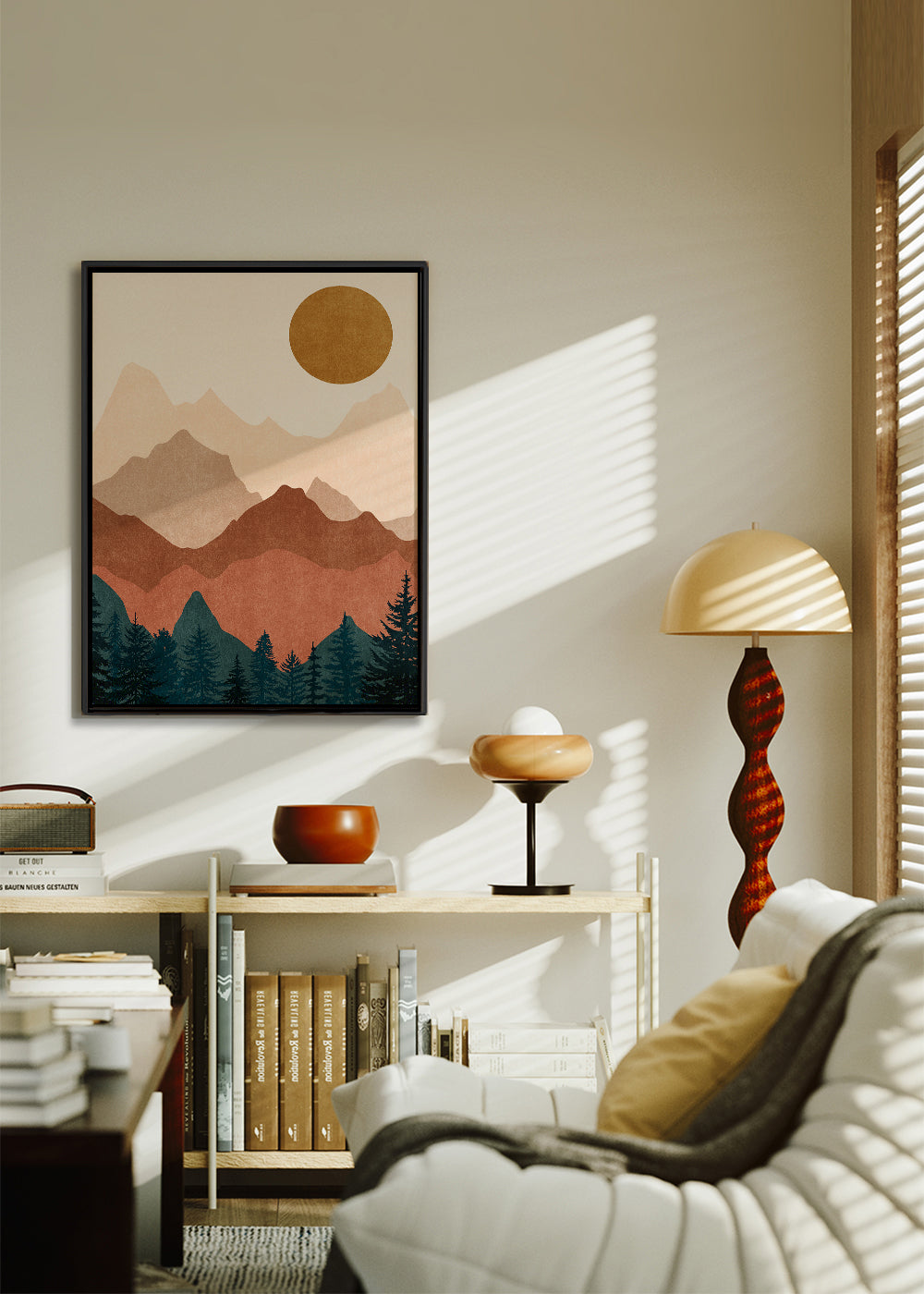 Quadro de montanha com silhuetas em camadas