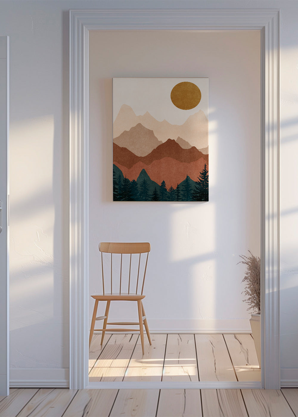 Quadro de montanha com silhuetas em camadas