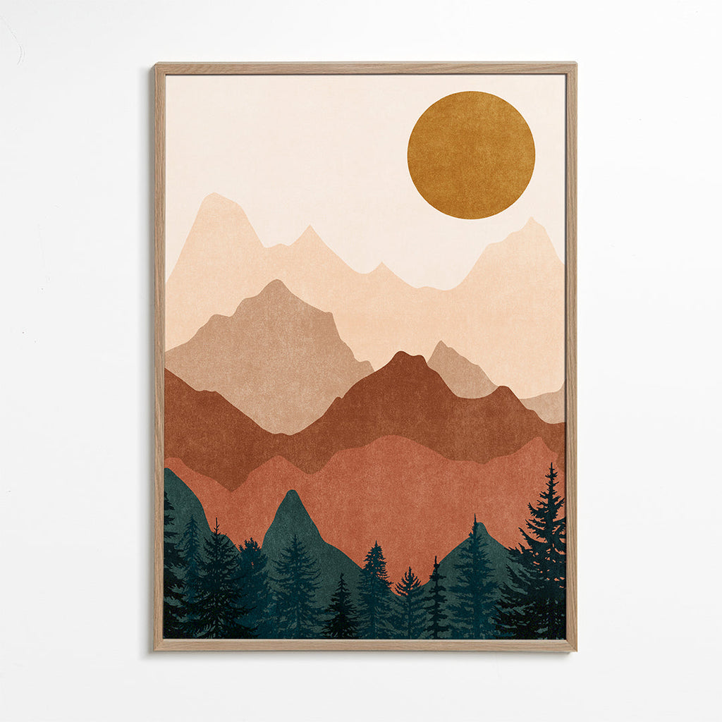 Quadro de montanha com silhuetas em camadas