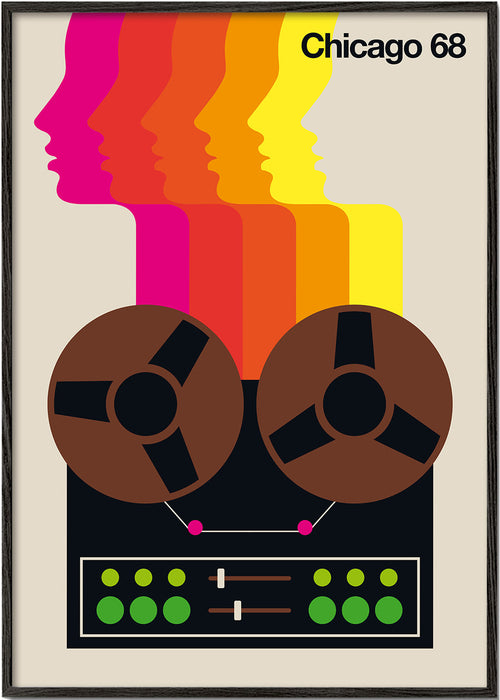 Poster vintage com bobinas e perfis coloridos